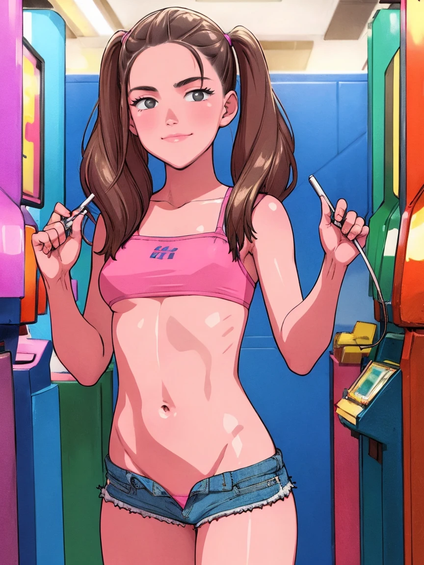 masterpiece, Best Quality, 1 girl, Alone, good hips, final, finalty bimbo clothes, medium breasts, smile, rubio, final, young girl, spoiled girl, Wide hips, pink crop top, very short bermuda shorts, 16 year old young man,in an arcade having sex with shorts on