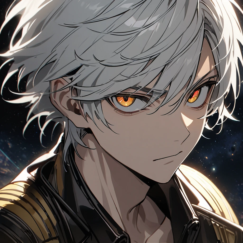 High quality, HD, 4k, no shadows, handsome male, 1male, 17 years old, teenager, short white hair, silver hair, white hair, sharp eyes, dark golden colored eyes, deep golden eyes, dark gold eyes, gold eyes, devil may cry, close up, calm expression, stoic expression, black leather clothes, white leather clothing, lean body, well trained body, upper body, looking at viewer, cowboy shot, white solar, space background