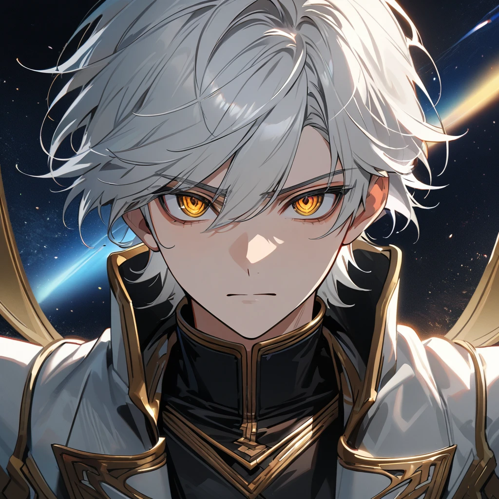High quality, HD, 4k, no shadows, handsome male, 1male, 17 years old, teenager, short white hair, silver hair, white hair, sharp eyes, dark golden colored eyes, deep golden eyes, dark gold eyes, gold eyes, devil may cry, close up, calm expression, stoic expression, black leather clothes, white leather clothing, lean body, well trained body, upper body, looking at viewer, cowboy shot, white solar, space background