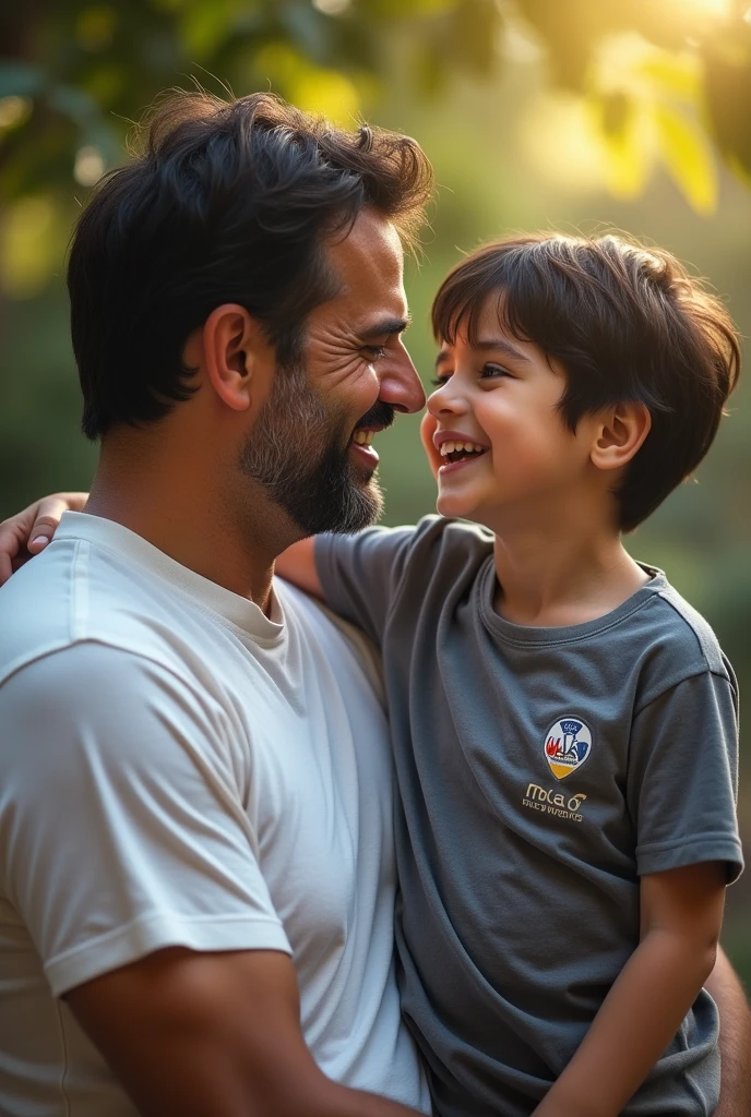 crie um post realista para Instagram com um pai e um filho com a mensagem "happy fathers day" at the top of the image in Portuguese. cada um deve ter a logomarca "M&c" in your clothes