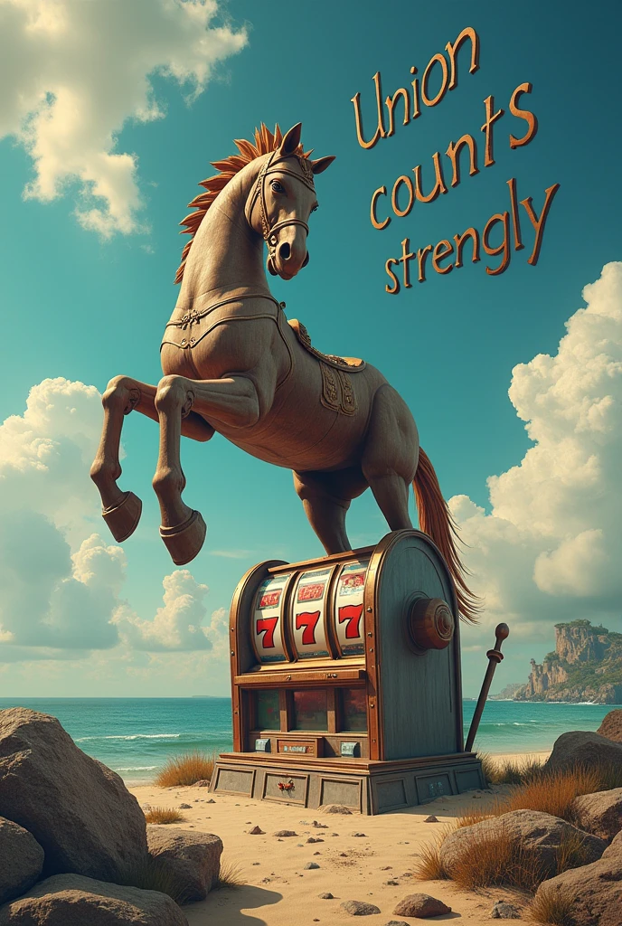 Union counts strongly and Trojan horse written in the sky , an island with a giant slot machine with the number "777" on the screen 