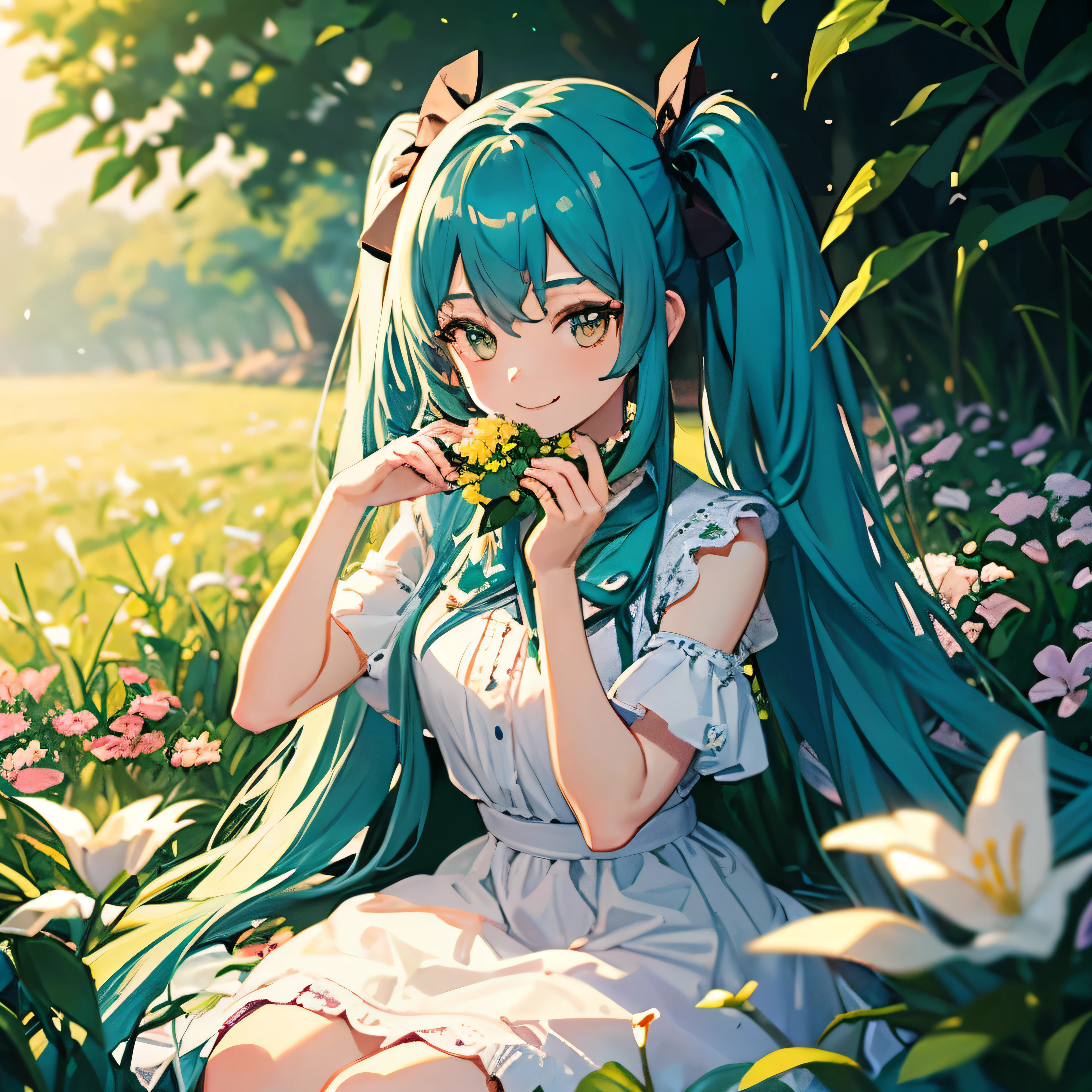 (masterpiece, Highest quality),One girl, (long Turquoise Hair), (Twin tails), (White eyes), Sitting in a field of green plants and flowers, She placed her hand under her chin, Warm lighting, White Dress, Blurred foreground, detailed, smile, ((Turquoise Hair))