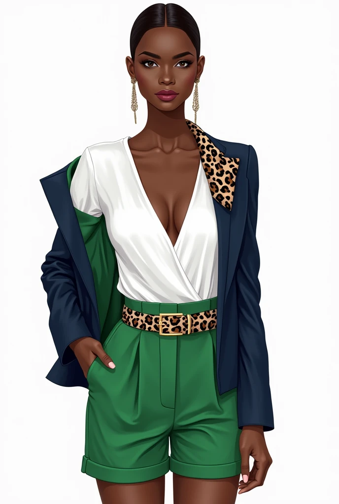 fashion sketch of a woman with black skin. white fitted blouse with matcha green detail on the shoulders and sleeves. Elegant matcha green shorts with leopard print belt. Navy blue synthetic jacket, short length and only the collar with leopard print.