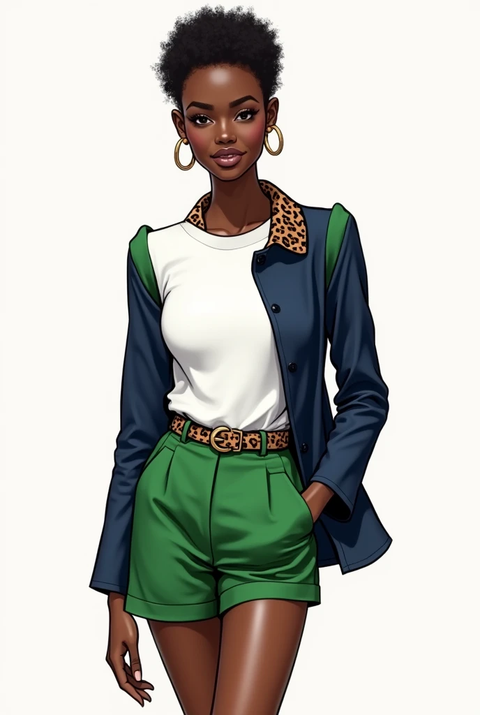 fashion sketch of a woman with black skin. white fitted blouse with matcha green detail on the shoulders and sleeves. Elegant matcha green shorts with leopard print belt. Navy blue synthetic jacket, short length and only the collar with leopard print.