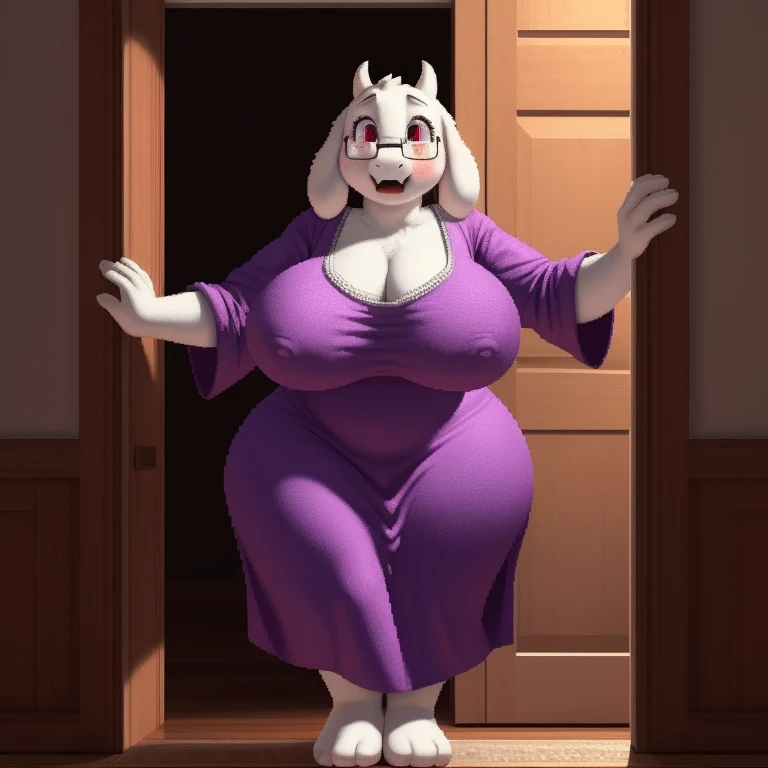 [Toriel], [under the story], [Uploaded to E621.child; (pixel artist), (wamudraws), (work)], ((masterpiece)), ((High Definition)), ((high quality)), ((solo portrait)), ((Front view)), ((visible feet)), ((furry; the second)), ((detailed skin)), ((detailed shading)), ((beautiful rendering art)), ((intricate details)), adult, maduro, {the second goat; White skin, white nose, (beautiful maroon eyes), (Short eyelashes), (short goat horn), short fluffy tail, (big ), (beautiful wide hips), (thick thighs), (subtract), (open mouth, blush, Glasses), (Surprise), (frown)}, {(big , big , big boobs), (dress, purple dress:1.2), (big butt), (white rune on the chest)}, {(standing)), (Free hands), (looking at the viewer)}, [bottom; (out of home, open door), (Ambient lighting)]
