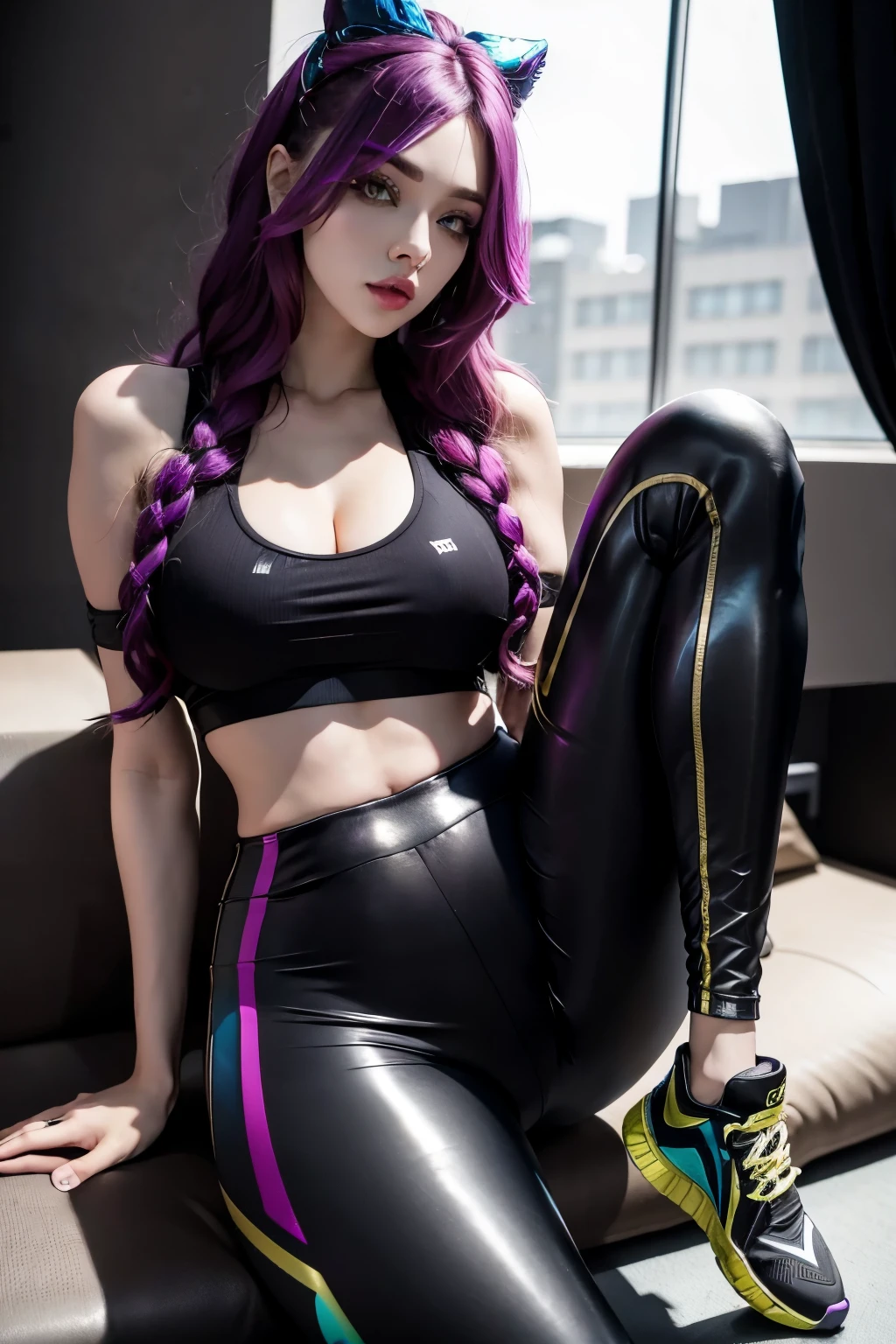 Kaisa league of legends, kaisa kda, ((leggings pants)), defined body, seducing gaze, posse sexy
