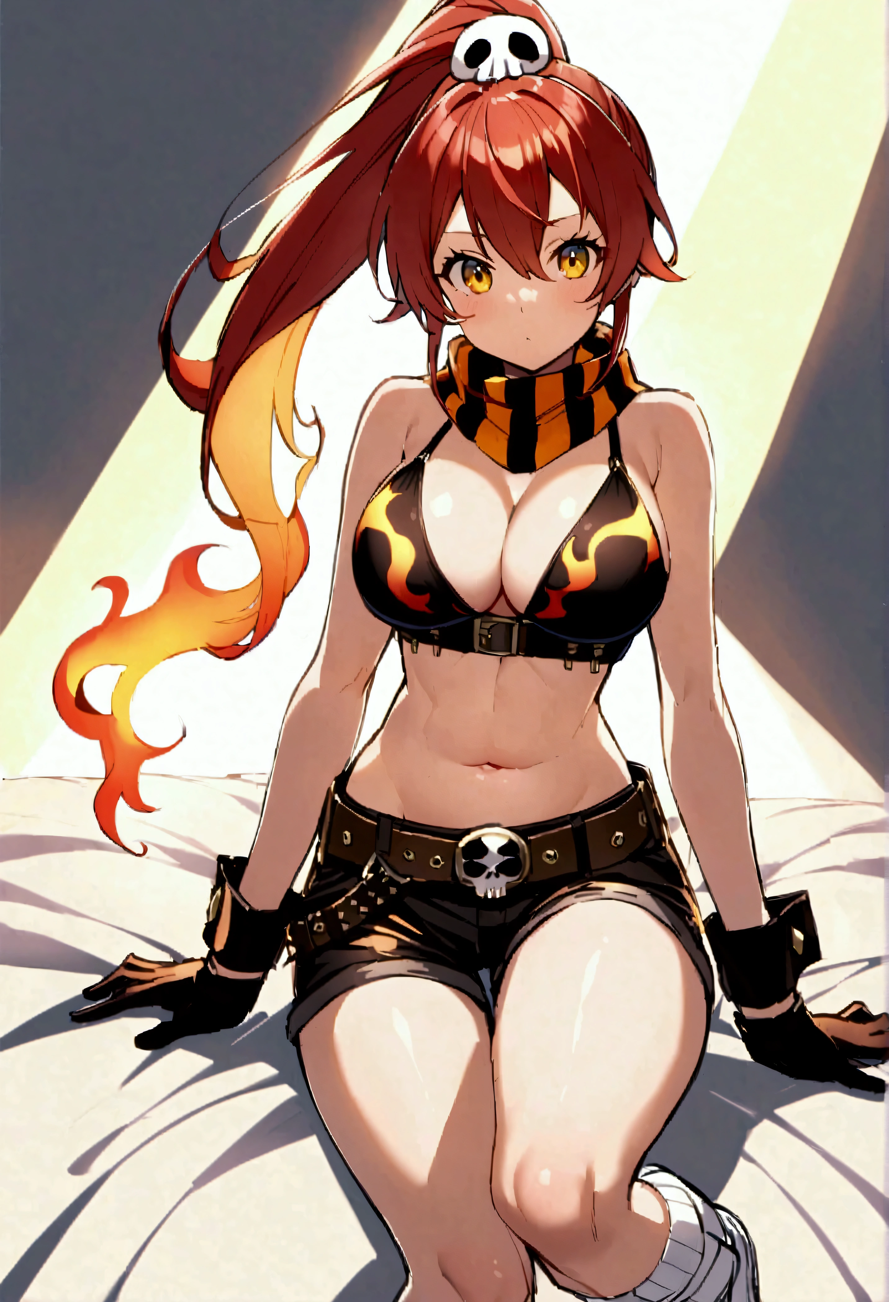 Yoko Littner、Hair between the eyes、hair ornaments、High Ponytail、Long Hair、Redhead、Side Lock、Skull hair ornament、Yellow Eyes、Big Breasts:1)、(Arm support、Shoulder Bare、belt、bikini、bikiniトップのみ、黒gloves、Black shorts、Cleavage、指なしgloves、Flame print、gloves、belly button、Upper body naked、ピンクのKnee socks、scarf、Shorts、Shorts、stripe、stripeのscarf、スタッズbelt、Swimwear、Knee socks、Underbust、White footwear、Wrist Cuffs:1)