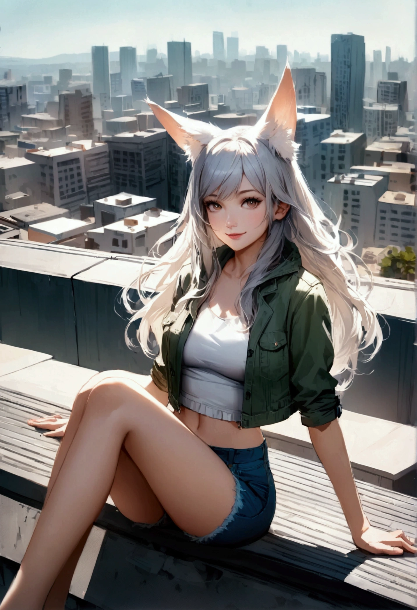 Create an anime-style realistic artwork of an adult girl with long, flowing silver hair and fox-like ears, wearing a stylish and casual outfit consisting of a white crop top, denim shorts, and a light jacket. She has a playful expression with a light smile, sitting in an outdoor urban setting, possibly on a rooftop with a modern cityscape in the background. The scene should have bright daylight and a relaxed atmosphere.