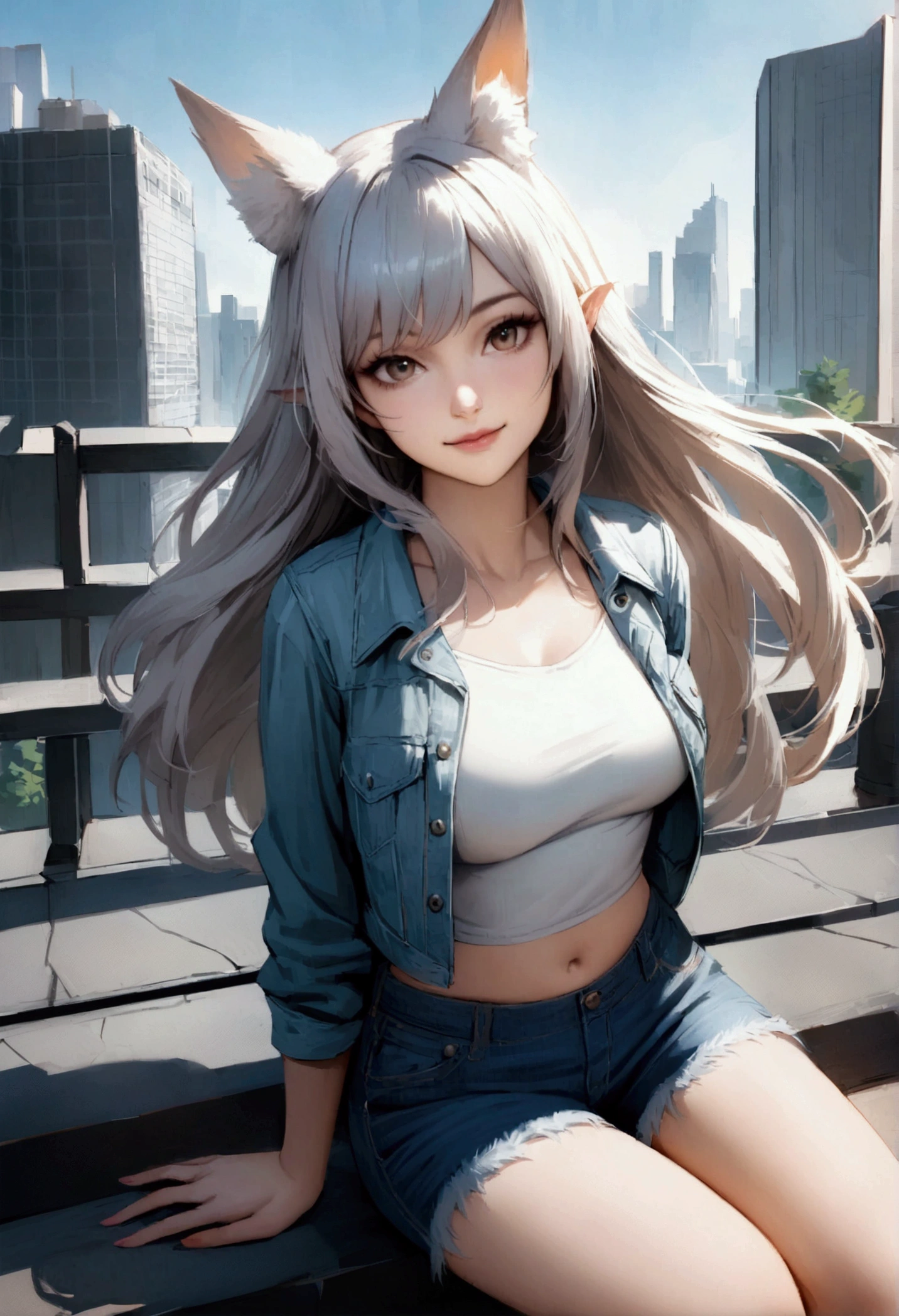 Create an anime-style realistic artwork of an adult girl with long, flowing silver hair and fox-like ears, wearing a stylish and casual outfit consisting of a white crop top, denim shorts, and a light jacket. She has a playful expression with a light smile, sitting in an outdoor urban setting, possibly on a rooftop with a modern cityscape in the background. The scene should have bright daylight and a relaxed atmosphere.