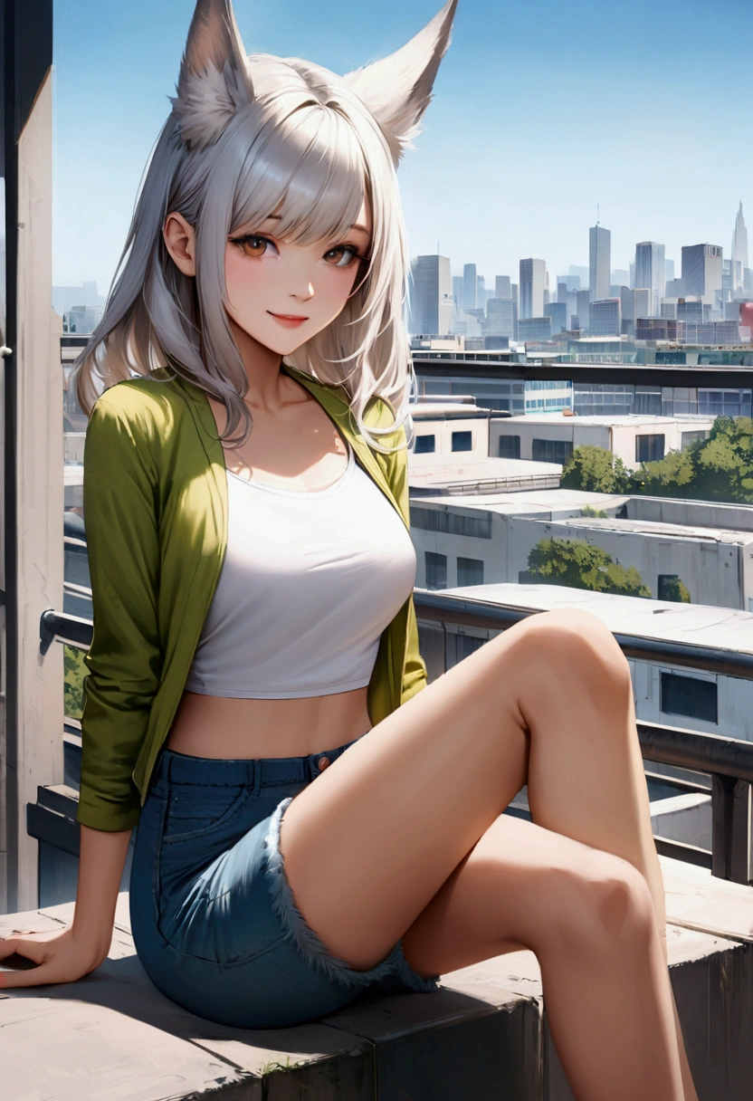 Create an anime-style realistic artwork of an adult girl with long, flowing silver hair and fox-like ears, wearing a stylish and casual outfit consisting of a white crop top, denim shorts, and a light jacket. She has a playful expression with a light smile, sitting in an outdoor urban setting, possibly on a rooftop with a modern cityscape in the background. The scene should have bright daylight and a relaxed atmosphere.