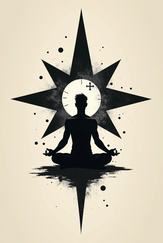 Create a tattoo with the outline of a man standing meditating with a seven-point star behind him and the symbol of positive next to him with some small circles around it