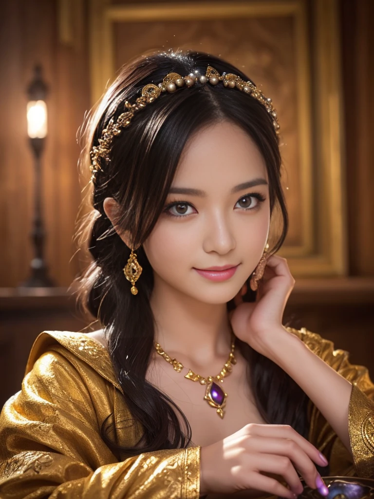 a detailed portrait of Minea the fortune teller from Dragon Quest IV, 1 woman, beautiful detailed eyes, beautiful detailed lips, extremely detailed face and features, long eyelashes, smile,intricate cosplay, alchemist costume, holding a magical crystal ball,fantasy, JRPG, digital painting, cinematic lighting, dramatic pose, warm color palette, masterpiece, 8K, photorealistic, highly detailed, concept art style