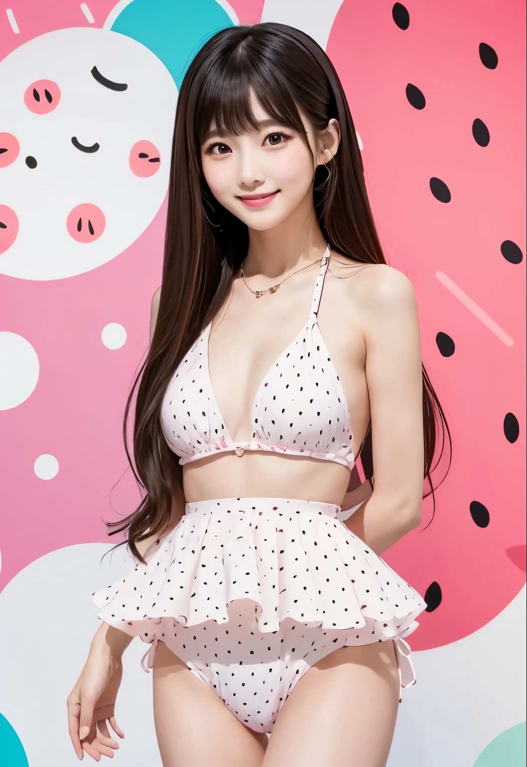 masterpiece、Highest quality、whole body、One Girl、bangs、Japanese、黒髪のLong Hair、Long Hair、Gazing at the audience、Dot pattern、watermelon、Swimwear、smile、alone、Stylish woman、Pastel colored outfits、front、Luxury background elements、Confident expression、Modern and trendy、Fashion focused