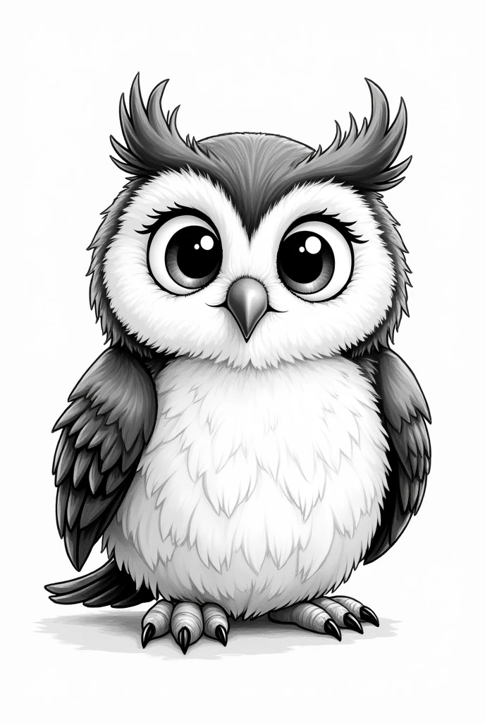 Black and white drawing of a happy owl