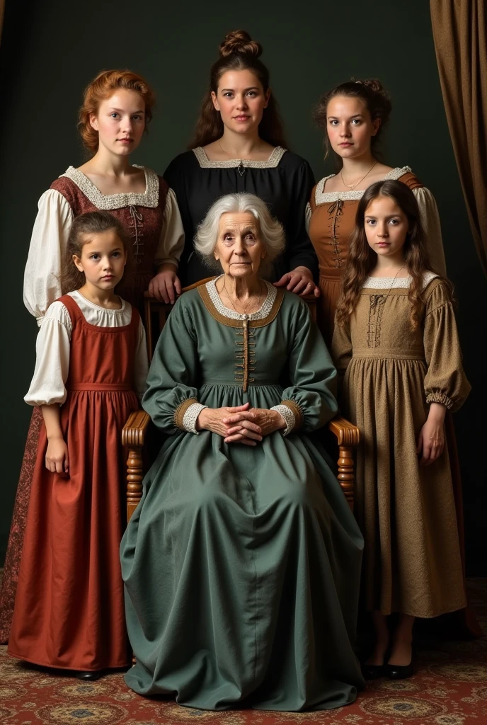 family portrait in medieval style - in the middle sits an old woman in a chair, and around her are 5 adult girls