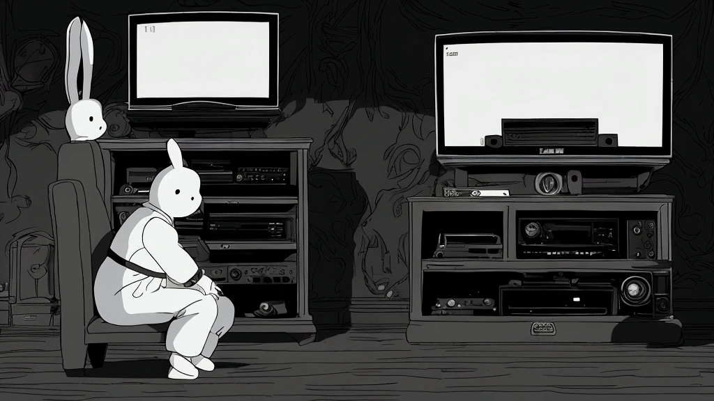 a boy in a bunny suit and a shadowy figure are watching a TV with a boy dressed as a rabbit, the image conveys a dark, mysterious atmosphere with a shadowy figure and a television set. The background is dark, and the colors are predominantly black and white, However, there are dull colors.
