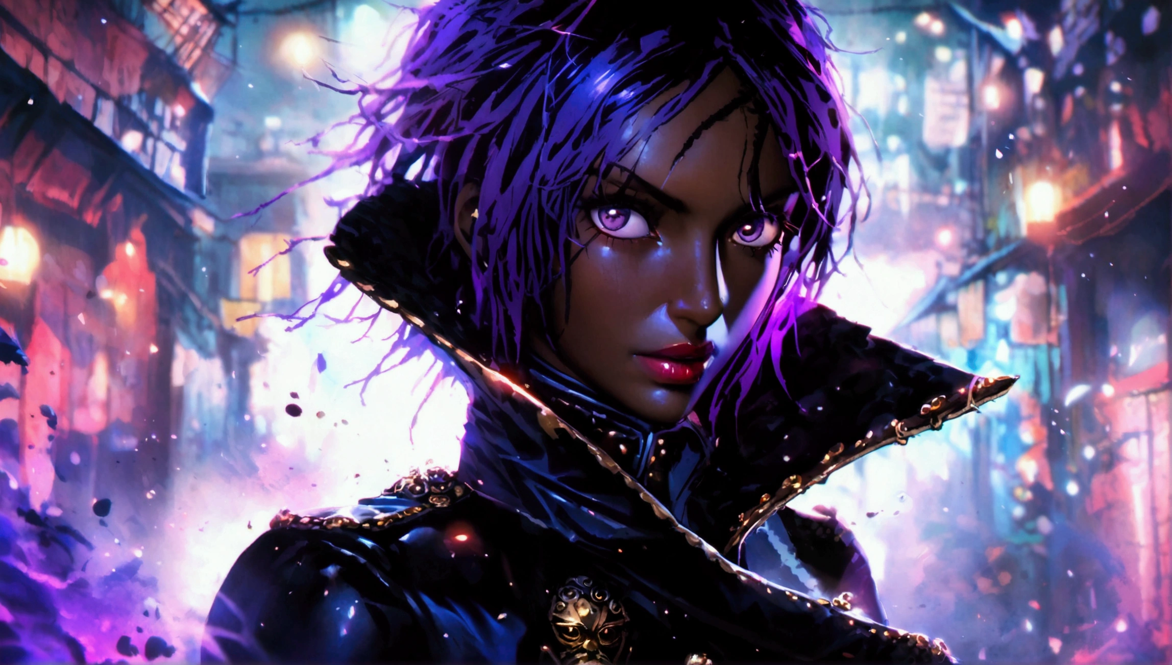 Muscular woman, black skin, dark purple hair, black coat with high collar, crazy look, bloody background, "Intricate anime character design inspired by One Piece, dramatic and impressive lighting, centered character, impressive face, full of creative details, ultra-fine 2D, scenery bathed in creativity, boasting 2D anime resolution clarity, HD anime graphics, high-octane rendering"