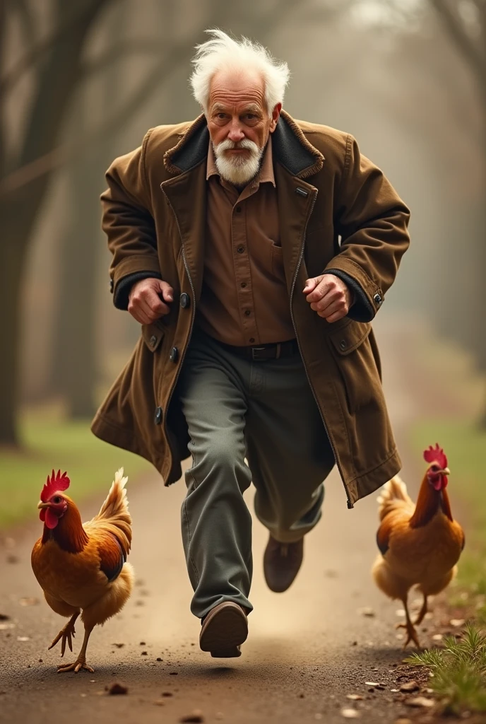 old man running after a chicken