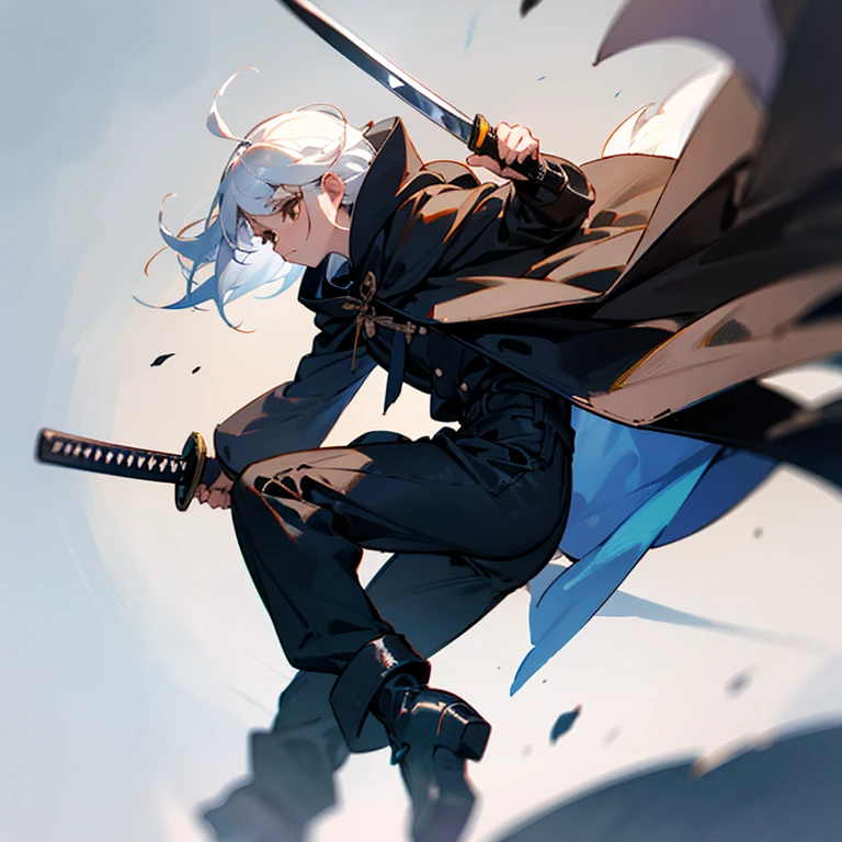 White hair, brown eyes, thin, navy blue cloak, black pants, black boots, fair skin, legendary katana