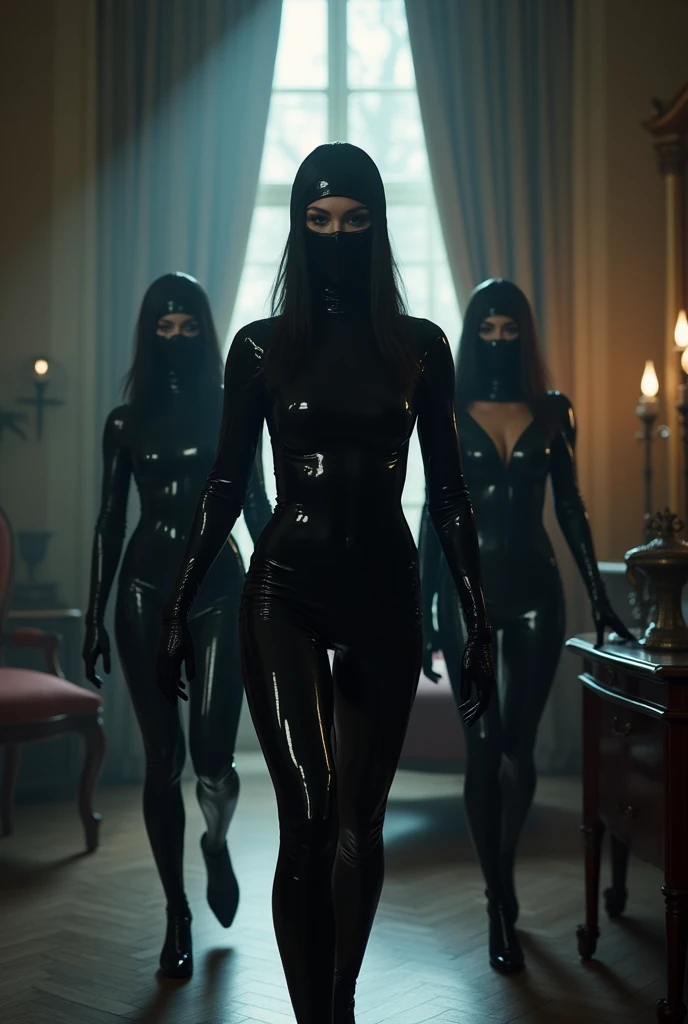3 women carrying latex people wearing hoods and kidnapping a woman blindfolded and tied to a chair 