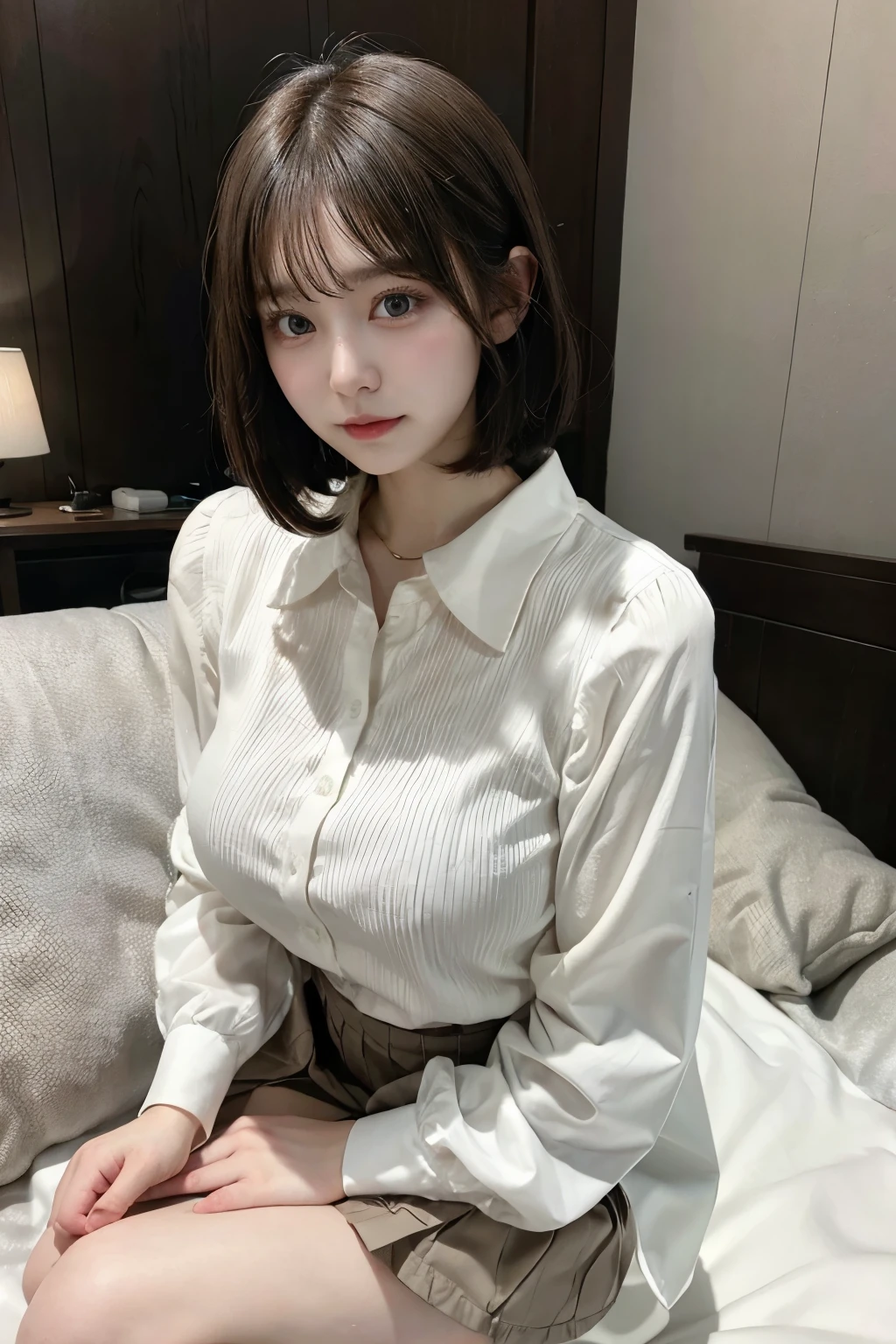 Bob Short Hair、Big Breasts、Wearing a white long-sleeved collared blouse、wearing a brown pleated skirt、Sitting