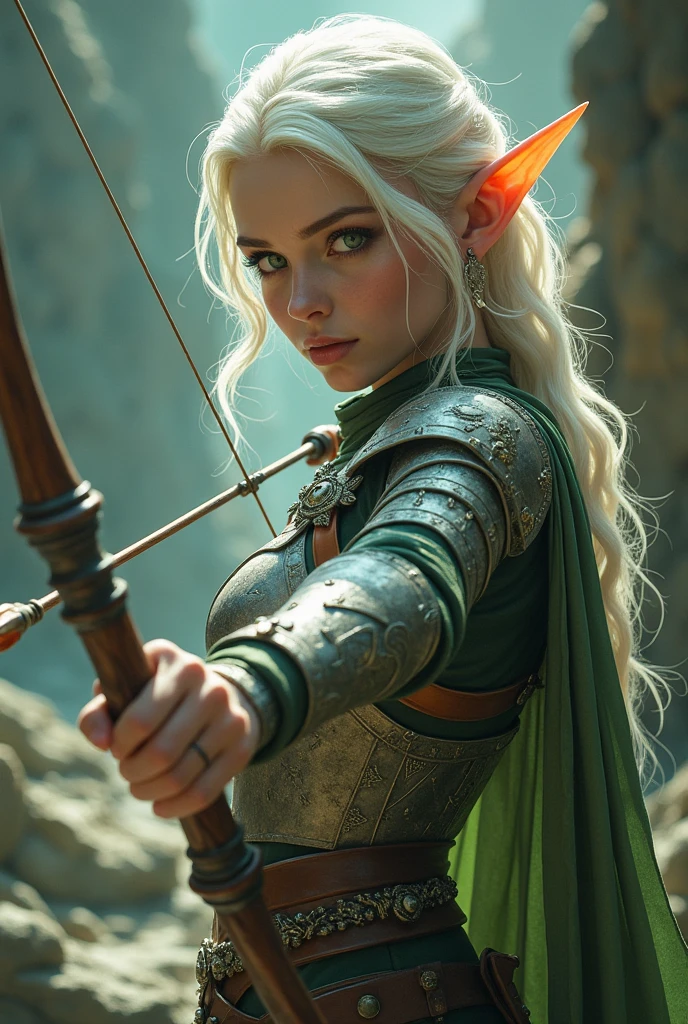 A medium-haired elf archer, almost white blondes, Emerald green eyes, pele alva, wearing war armor.