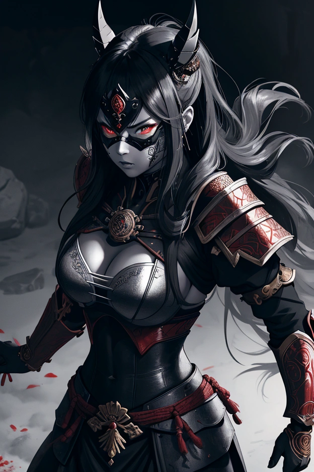 muscular woman in samurai armor stands and drinks blood. Use a samurai mask on half of your face. Make her naked and with heavy muscles. Change her face to Albedo&#39;s face from the anime "master". hyper realistic realistic texture, dramatic lighting,extremely detailed eyes, detailed symmetrical realistic face, extremely detailed natural texture, masterpiece,Photo film Nikon D850, Kodak Portra 400 F1 camera.6 lenses, extremely detailed, amazing, Fine detail, rich colors,I look at the viewer in full growth, photo realistic, RAW photo, high quality, a high resolution, Sharp Focus, extremely detailed, cinematic lighting, 8k contract, AB, Best quality, masterpiece, ultra high resolution, (photorealistic:1.4), 1 girl,Best quality, masterpiece, ultra high resolution, (photorealistic:1.4), 1 girl,(((black tail, Blue eyes, hair between eyes, light tan of the skin))) eyeshadow, dark mascara.