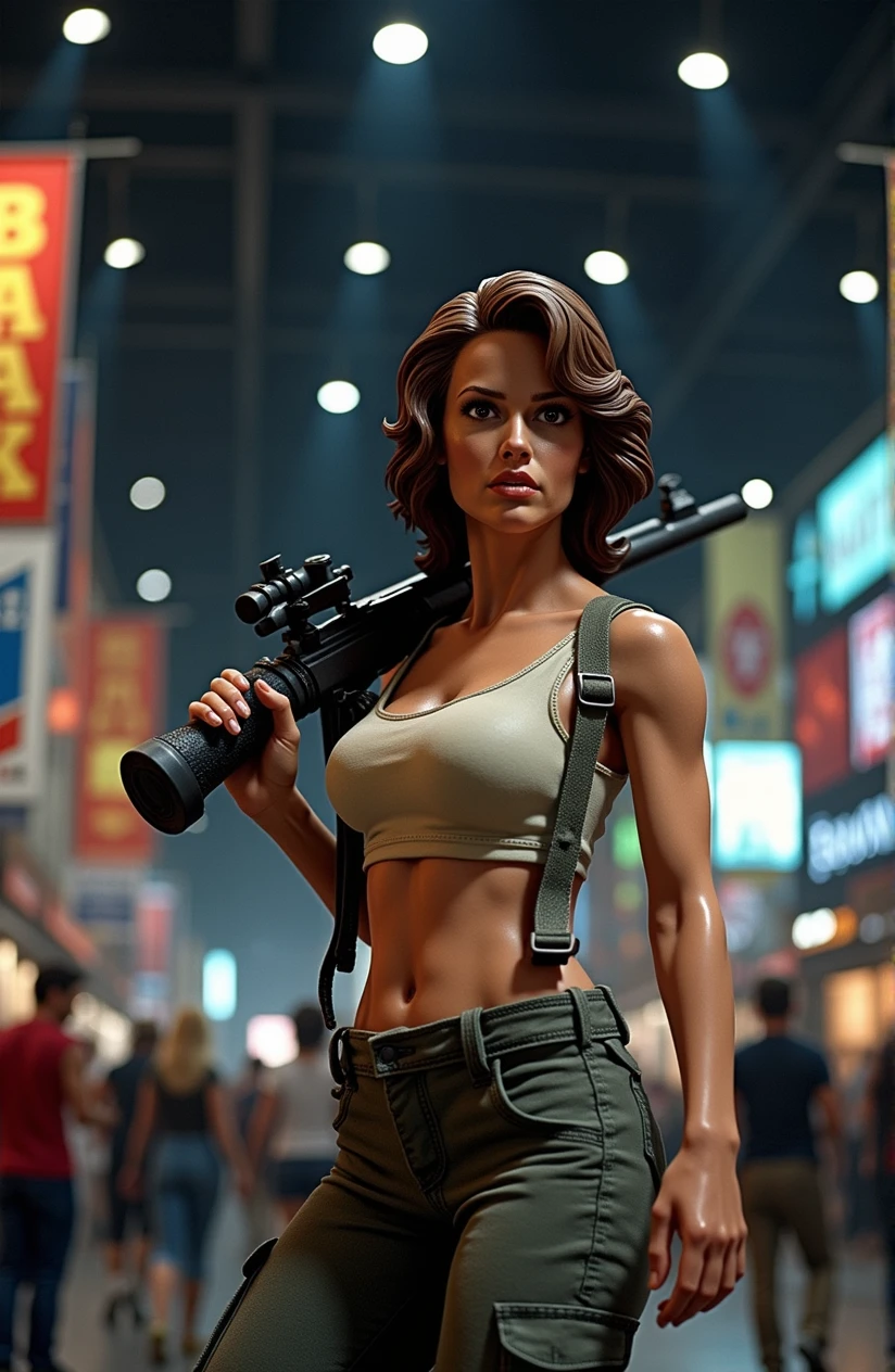 (sigourney weaver as ellen ripley from aliens,grainy TV still,35mm,1986 film, (((erotic-pose, forefront shot of full figure , detailed pvc figurine of angry ellen ripley on a metal base))), dramatic lighting,side view,hourglass figure,wearing a off white singlet huge breasts nipples straining singlet,grey cargo pants suspenders , brown army boots,brown hair,brown eyes,sweaty dirty skin,angry,holding a pulse rifle on shoulder sling erotic-pose:1.3) ,(background on table at Comic Con convention, baNNERS CROWDS COSPLAYERS STALLs tv screens anime comics,people,bustling,shallow depth of field:1.2)
