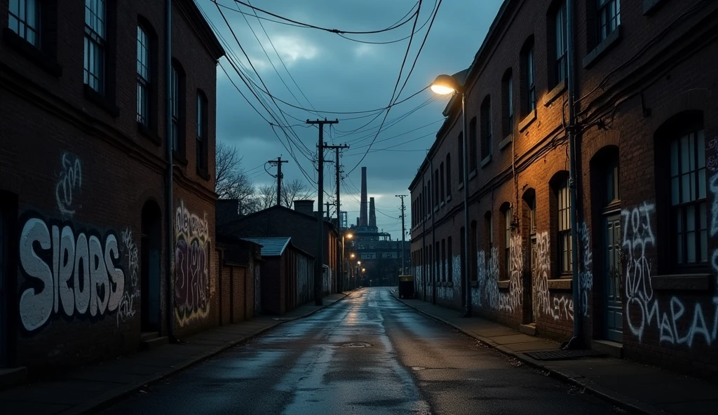 A moody, urban street at twilight, with dark clouds gathering overhead. The narrow alleyway is lined with brick buildings covered in faded graffiti, and the ground is wet, reflecting the dim light from a single flickering streetlamp. Electrical wires crisscross above, adding to the gritty atmosphere. In the distance, the outline of an old, worn-down factory looms, giving the scene an industrial, slightly foreboding feel.