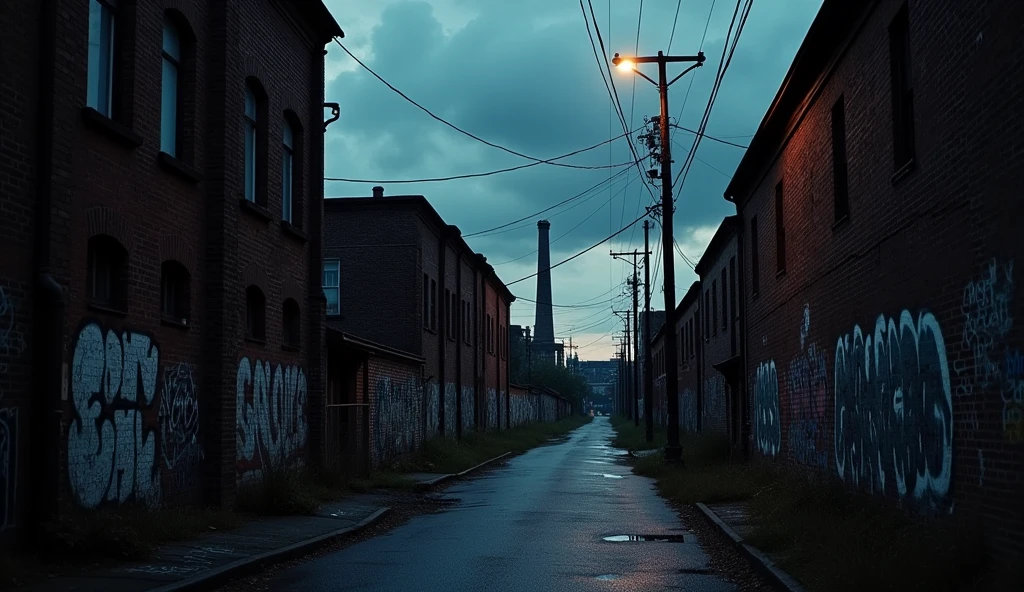 A moody, urban street at twilight, with dark clouds gathering overhead. The narrow alleyway is lined with brick buildings covered in faded graffiti, and the ground is wet, reflecting the dim light from a single flickering streetlamp. Electrical wires crisscross above, adding to the gritty atmosphere. In the distance, the outline of an old, worn-down factory looms, giving the scene an industrial, slightly foreboding feel.