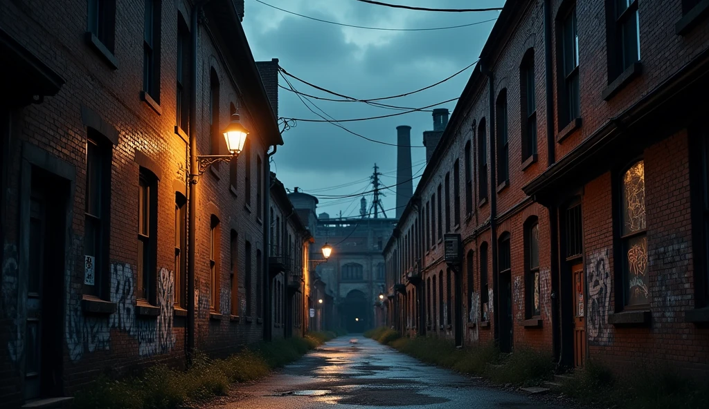 A moody, urban street at twilight, with dark clouds gathering overhead. The narrow alleyway is lined with brick buildings covered in faded graffiti, and the ground is wet, reflecting the dim light from a single flickering streetlamp. Electrical wires crisscross above, adding to the gritty atmosphere. In the distance, the outline of an old, worn-down factory looms, giving the scene an industrial, slightly foreboding feel.