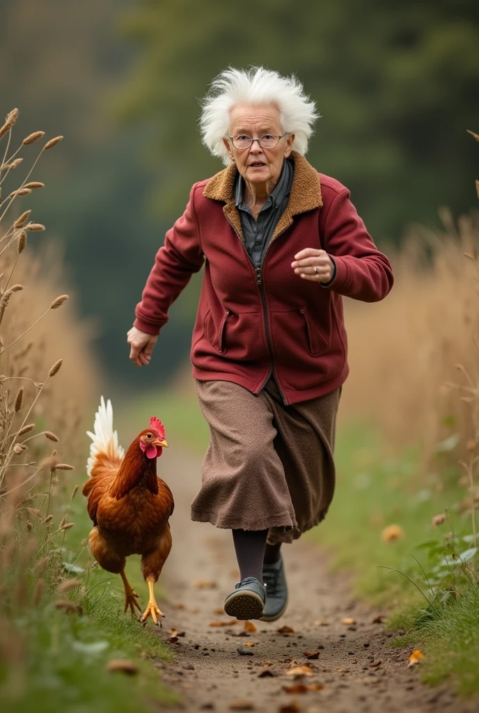 old woman running after a chicken