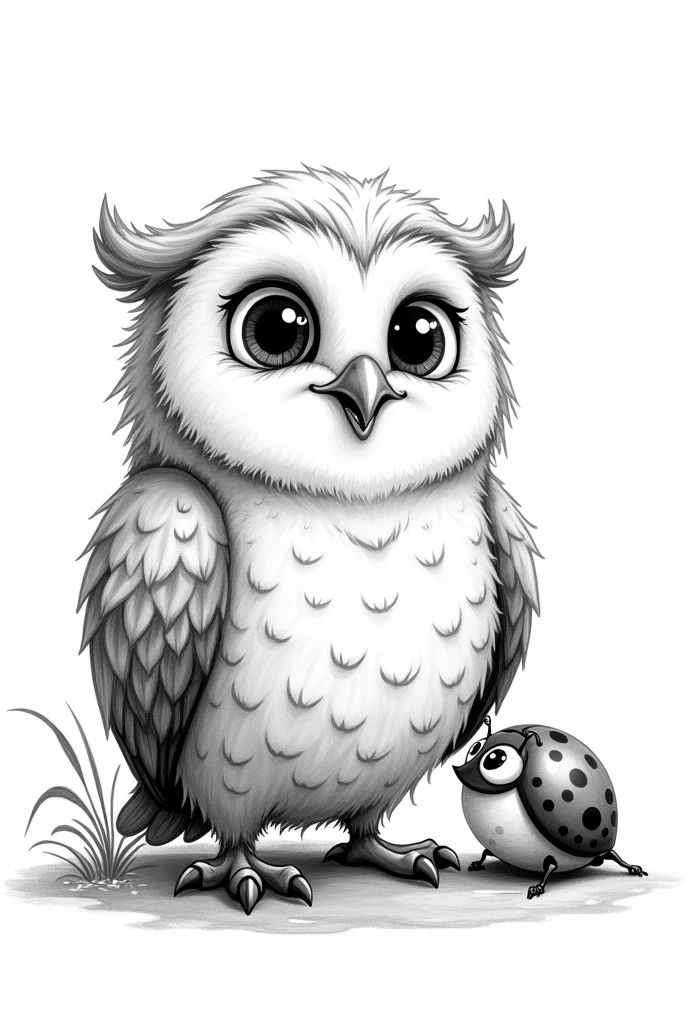 Black and white drawing of a happy owl with her ladybug friend