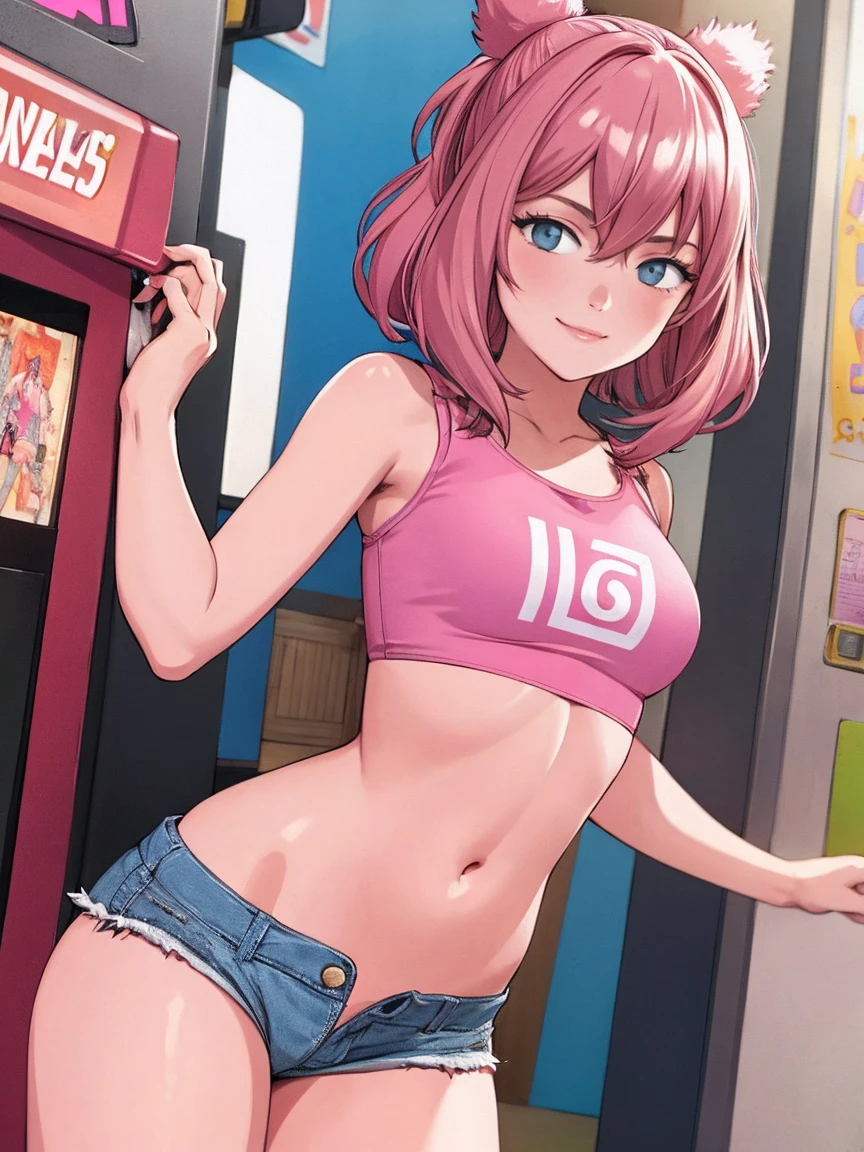 masterpiece, Best Quality, 1 girl, Alone, good hips, final, finalty bimbo clothes, medium breasts, smile, rubio, final, young girl, spoiled girl, Wide hips, pink crop top, very short bermuda shorts, 16 year old young man,in an arcade having sex with shorts on