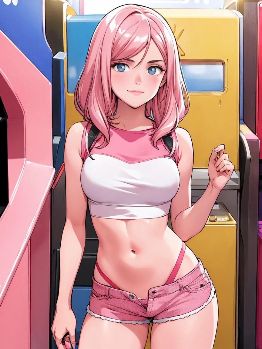 masterpiece, Best Quality, 1 girl, Alone, good hips, final, finalty bimbo clothes, medium breasts, smile, rubio, final, young girl, spoiled girl, Wide hips, pink crop top, very short bermuda shorts,  young man,in an arcade having sex with shorts on