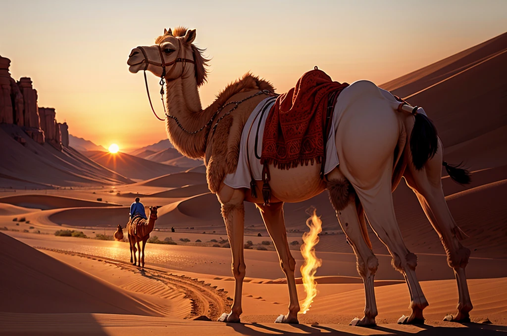a camel,In the desert at dusk,Walk towards the camera