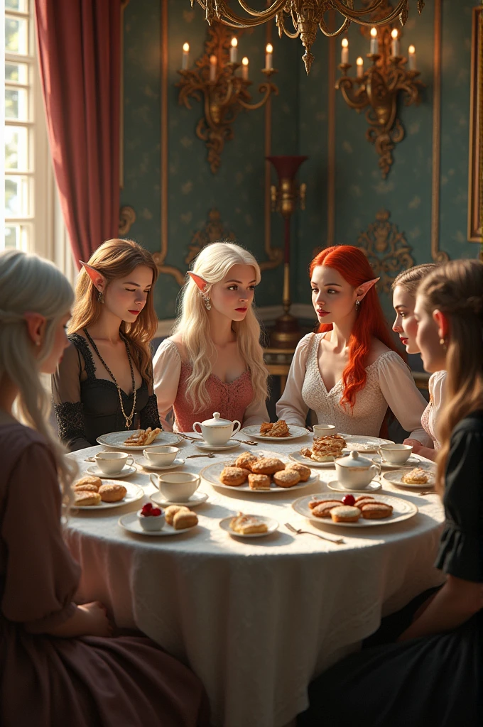 Victorian tea party between different adult elves, one of them with red hair, the others with brown hair, blonde and platinum.