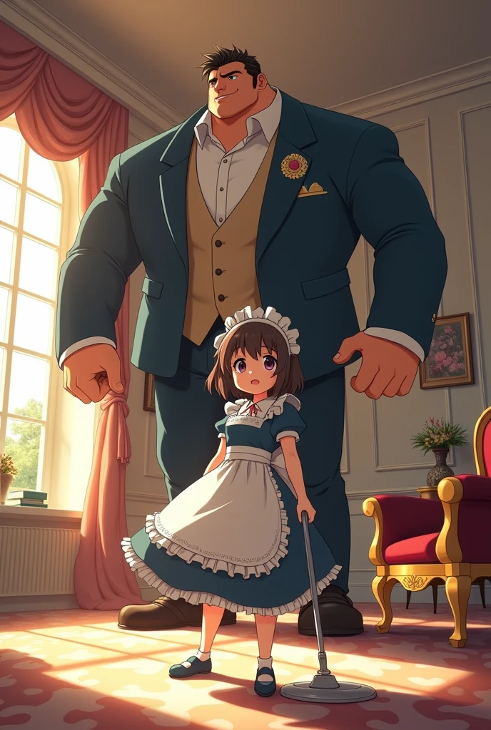 Somewhat clumsy anime girl cleaning the house of a handsome giant in a maid outfit