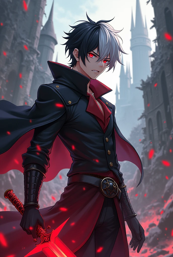 Main Male anime character, half white hair and half black hair, red eyes, magic sword, angry expression, destruyed castle