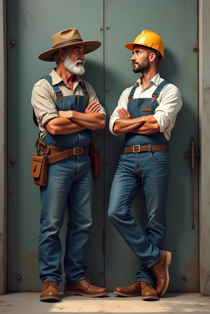 Farmer with arms crossed and a hat leaning against a wall. Together with industrial engineer also leaning on the same wall.