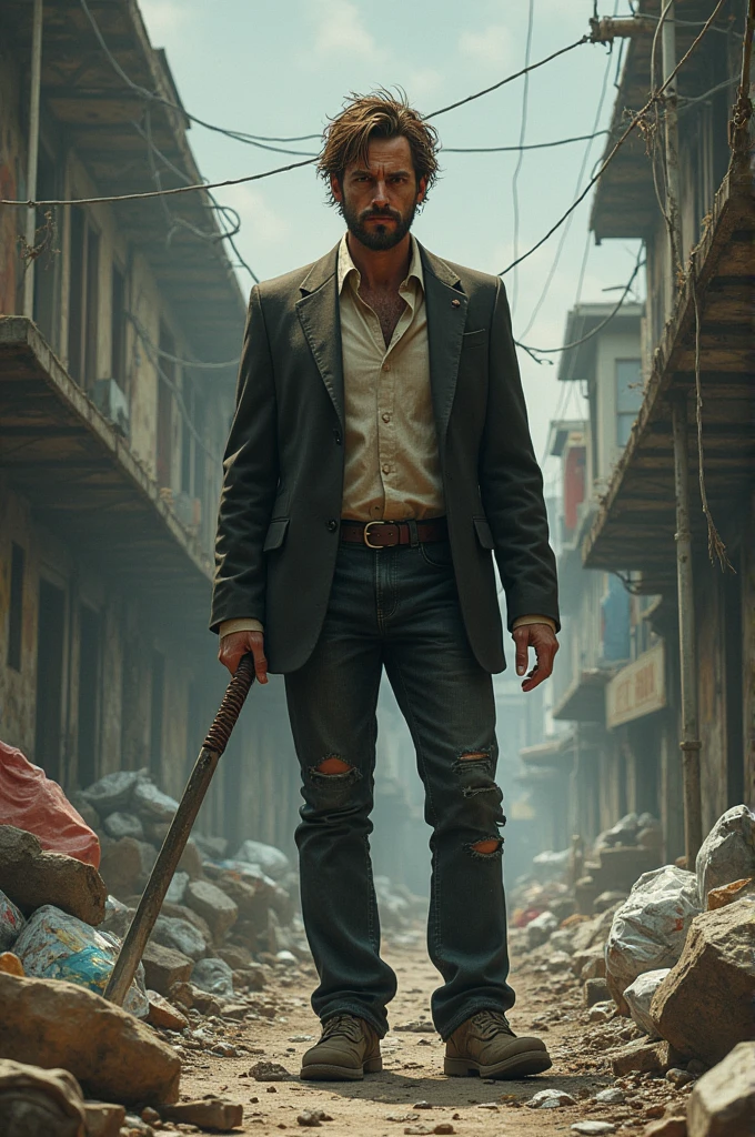 man, poor, beggar, Brown hair, 30 years, duel, Full character, barbarian, illustration, Surrealism, gtav, torn suit, grimy, Unmotivated, garbage