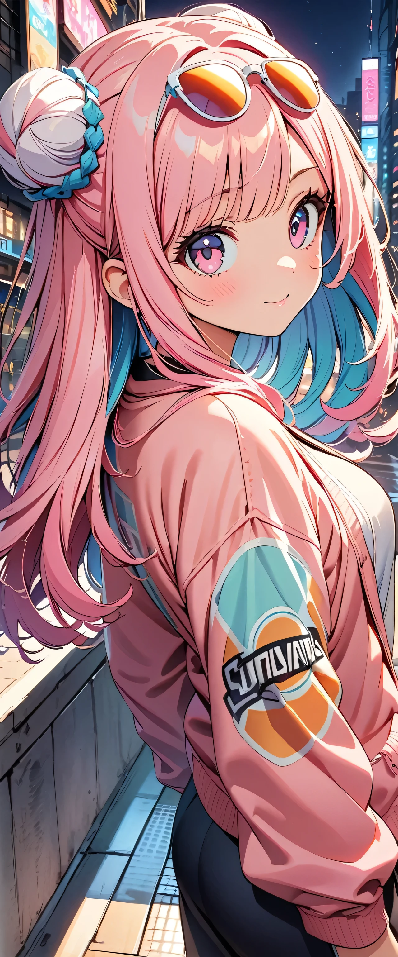 (Highest quality:1.2、City Pop Style、Very detailed、up to date、vivid、High contrast、masterpiece:1.2、Highest quality、Best aesthetics)、girl、Colorful Hair、(Hair Ribbon:0.4), Pink Eyes,(((White bun hair))),(((Pink long hair)))、Pastel colors、1980s Style、((Future metropolis、Retro、vintage))、Logo Jumper、(Sunglasses on head)。