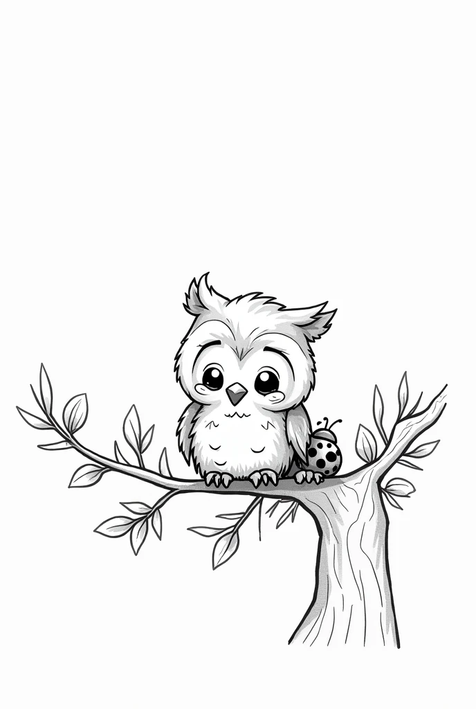 Black and white cartoon of happy owl with her ladybug friend on the tree