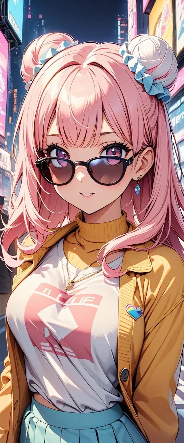 (Highest quality:1.2、City Pop Style、Very detailed、up to date、vivid、High contrast、masterpiece:1.2、Highest quality、Best aesthetics)、girl、Colorful Hair、(Hair Ribbon:0.4), Pink Eyes,(((White bun hair))),(((Pink long hair)))、Pastel colors、1980s Style、((Future metropolis、Retro、vintage))、Logo Jumper、(Sunglasses on head)。