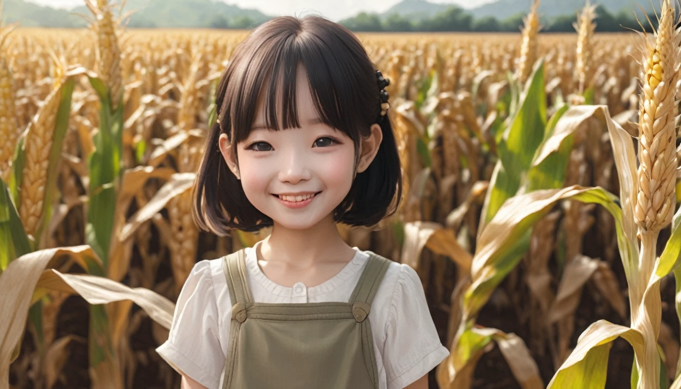 Photorealistic、Chibi Girl（Corn field、smile）