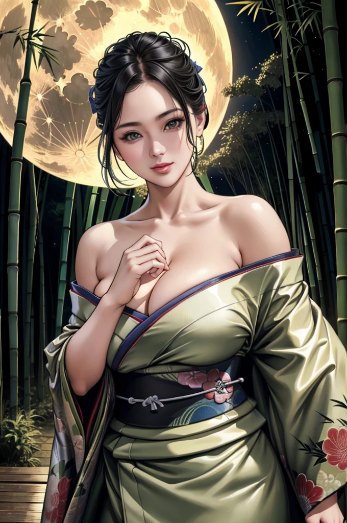 (Browsing Caution), (RAW Photos), (Realistic), (Photorealistic), Ultra-high resolution, masterpiece, Highest quality, Portraiture, facial Portraiture, Perfect lighting, Detailed lighting, Dramatic Shadows, Ray Tracing, Pure Eros Face_v1, Urzan-6500-v1.1, ((gentle smile)), ((upper body:1.2)), ((random sexy pose)), looking at viewer, ((wearing a kimono)), ((off shoulders kimono:1.2)), ((in Bamboo forest:1.2)), ((night:1.2)), ((moon)), ((Japanese tattoo)),