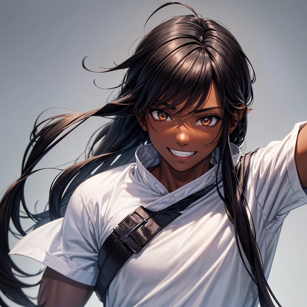 semi realistic anime style drawing, dark skinned female character. He has very black hair with a touch of gray., Long and straight , two horizontal rectangular white clips in parallel only on the right hair. He has brown eyes. He has tanned brown skin, grin. It has a vertical rectangular white ear bone, on the ear bone at the upper edge. He has the physique of a person who likes sports., judo.