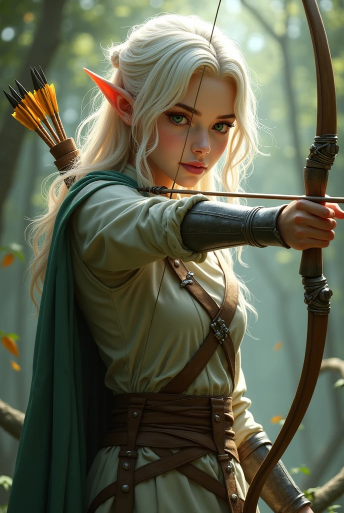 A medium-haired elf archer, almost white blondes, Emerald green eyes, pele alva, wearing simple war armor. The ears are not so prominent.