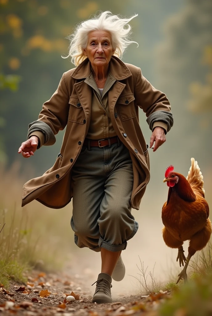 old woman running after a chicken