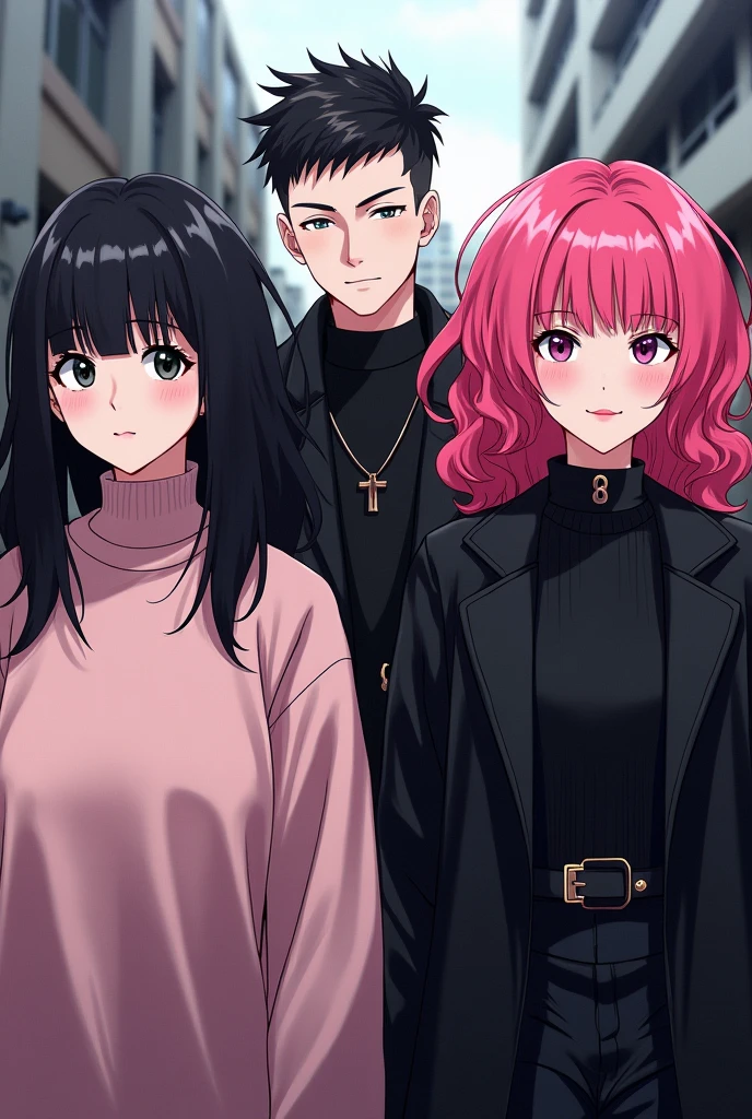 E-girl in a light pink sweater with black Power hair, with outlined, and E-girl with black coat and curly black Power hair, and another e-girl with a black coat, straight hair with pink bangs, a little towards the shade of red, with the rest of her hair black, and finally a dark-haired man with short hair shaved on the side, with a thick cord, with a black blouse